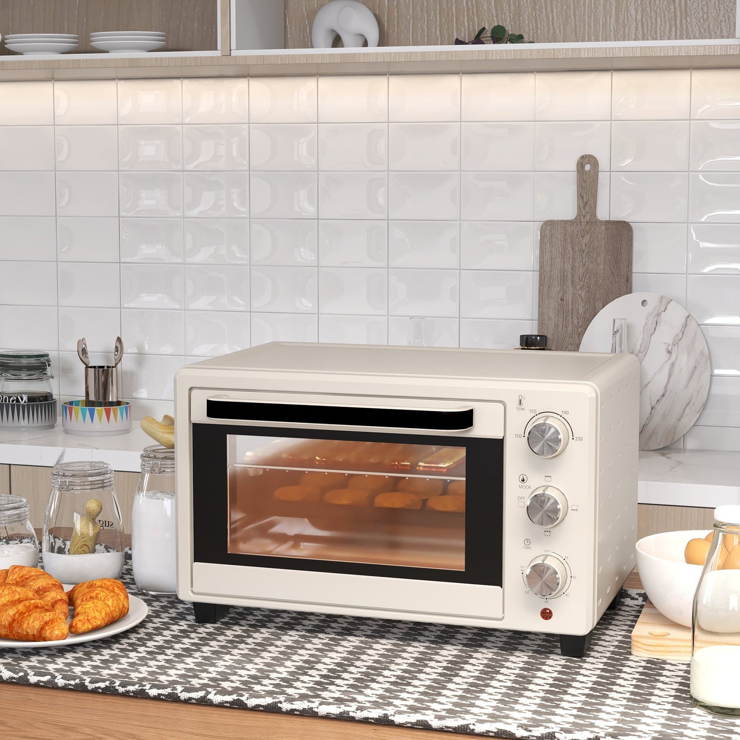 1400W Mini Oven, 21L Countertop Electric Grill, Toaster Oven with Adjustable Temperature, Timer, Baking Tray and Wire Rack - Cream