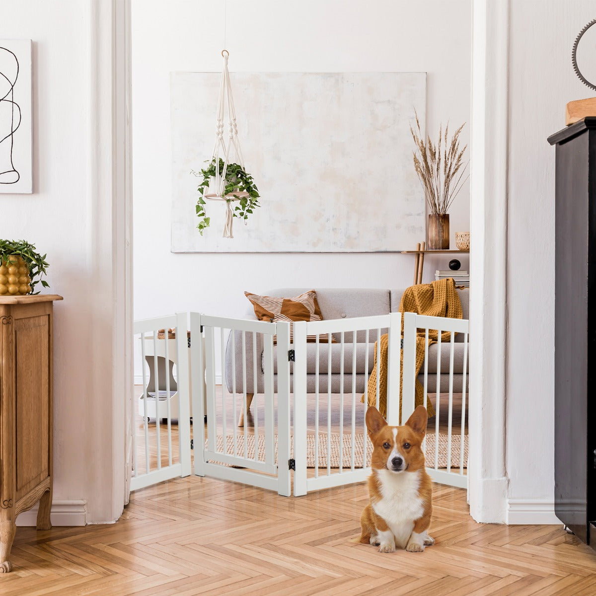 4 Panel Folding Dog Fence with Walk Through Door-White