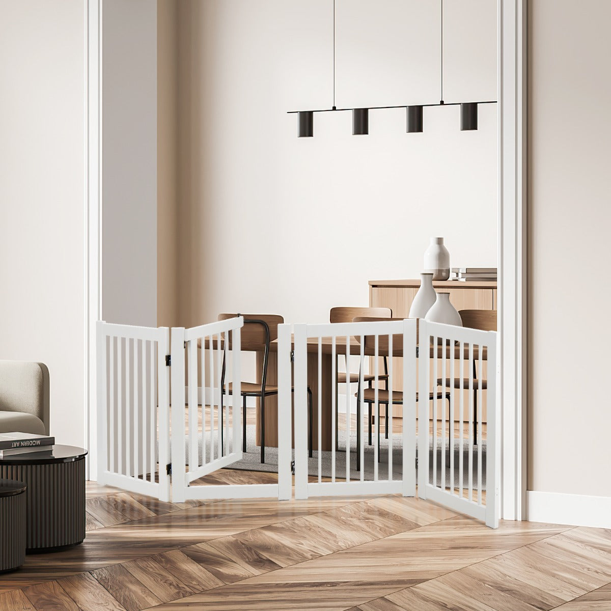 4 Panel Folding Dog Fence with Walk Through Door-White