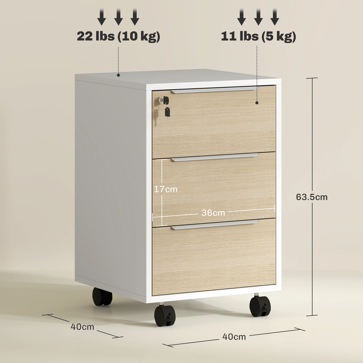 HOMCOM Three-Drawer Locking Filing Cabinet - Oak/White