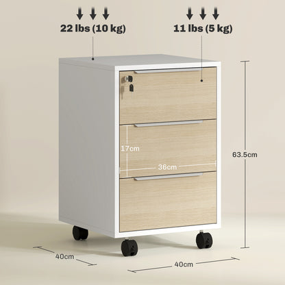 HOMCOM Three-Drawer Locking Filing Cabinet - Oak/White