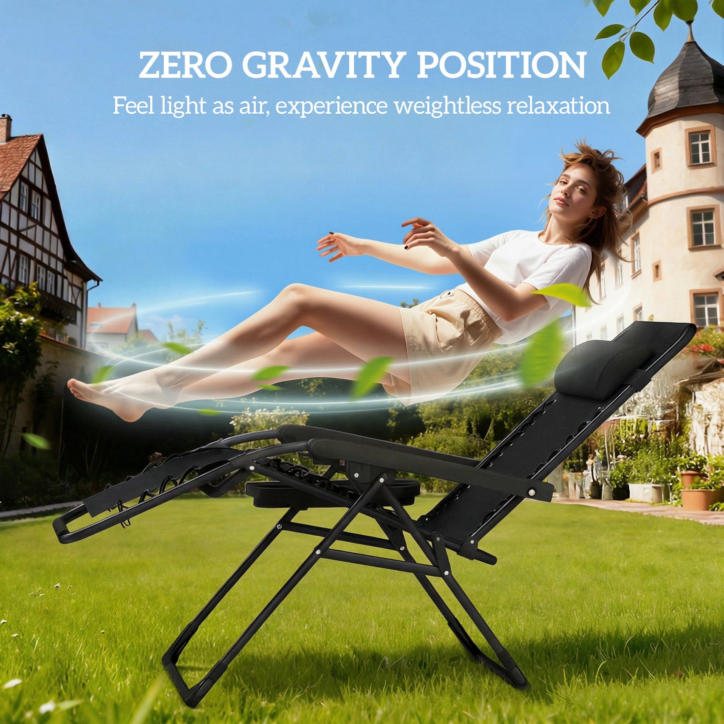 Outsunny Zero Gravity Chairs Set of 2, Folding Sunloungers Reclining Garden Chairs with Cup Holder, Headrest, Black