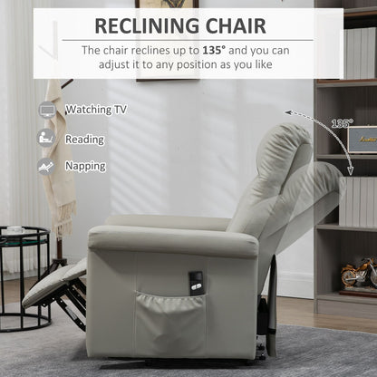 HOMCOM Power Lift Chair Armchair for the Elderly, PU Leather Recliner Chair with Extended Footrest, Remote Control and Side Pocket, Grey