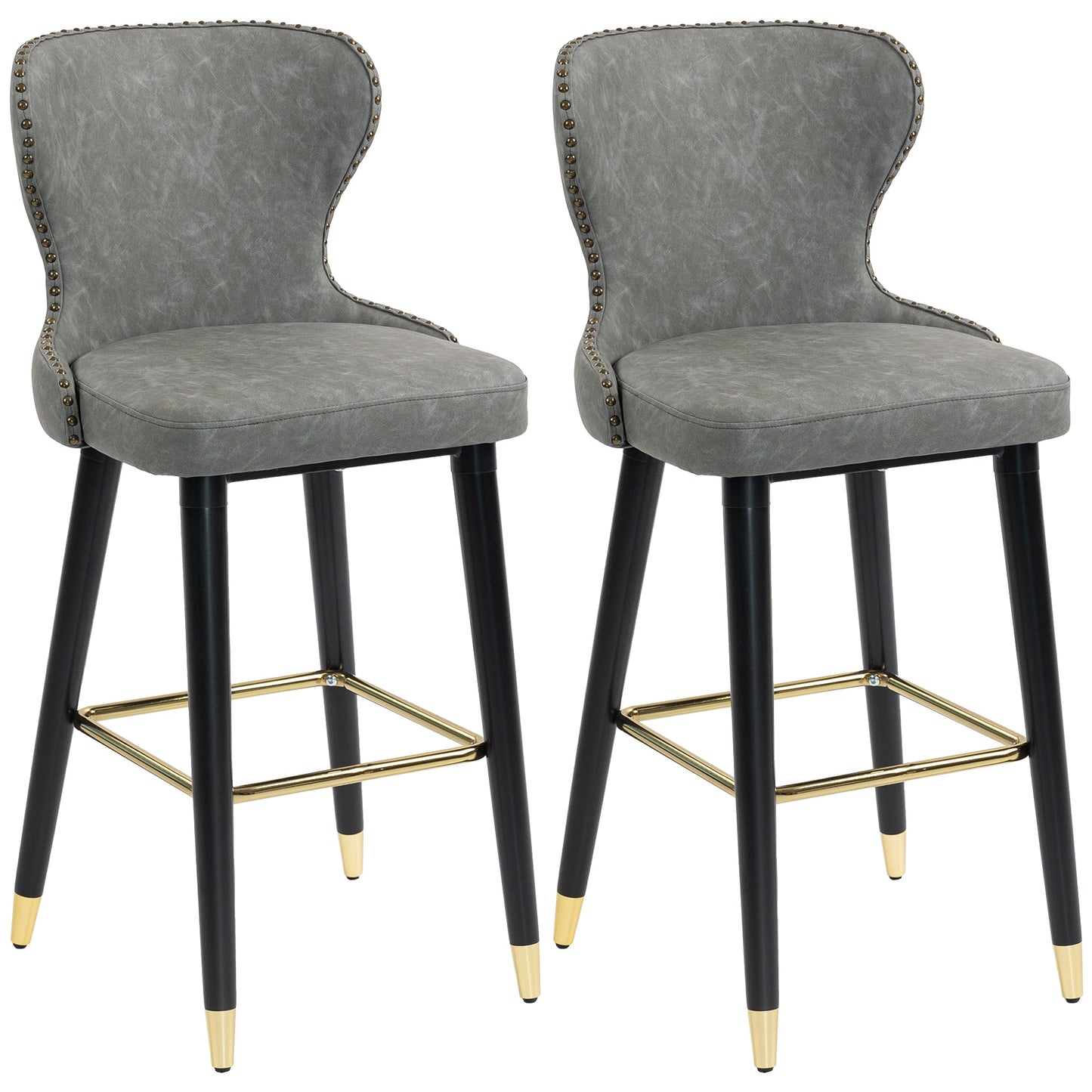 HOMCOM Bar Stools Set of 2, PU Leather Barstools with Back, Footrest and Wood Legs for Kitchen, Counter, Breakfast Bar, Grey