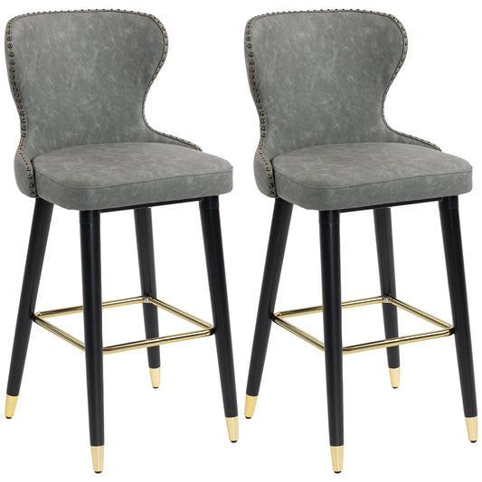 HOMCOM Bar Stools Set of 2, PU Leather Barstools with Back, Footrest and Wood Legs for Kitchen, Counter, Breakfast Bar, Grey