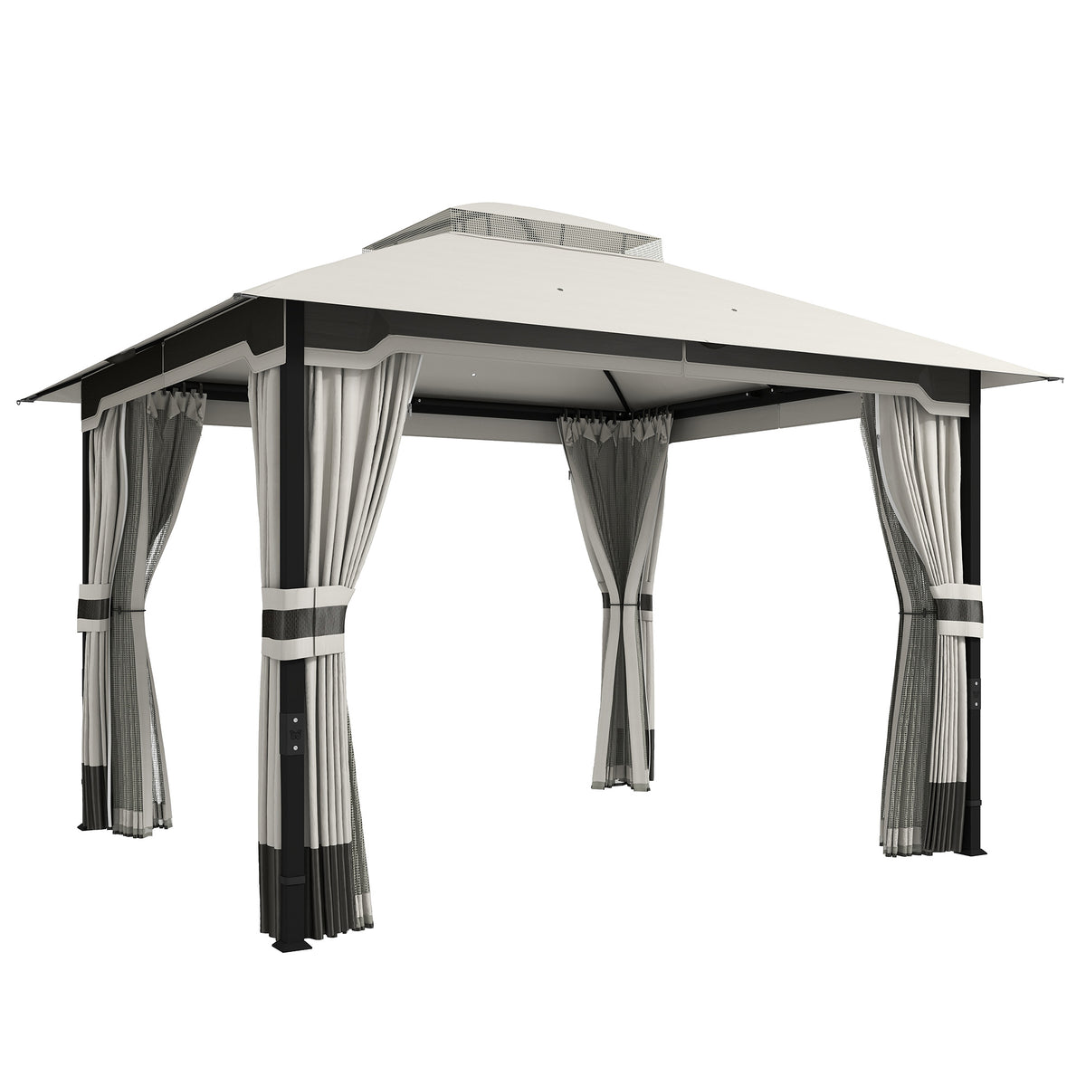 Outsunny 3 x 3.6 m Outdoor Garden Gazebo with Netting and Curtains, Double Roof Patio Gazebo Permanent Pavilion, Light Grey