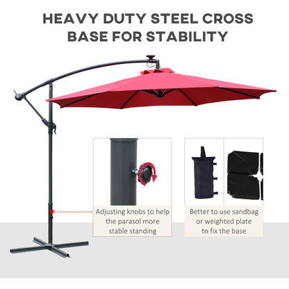 Outsunny 3m LED Patio Banana Umbrella Cantilever Parasol w/ Crank Cross Base Hanging Offset Umbrella Frame Steel  Aluminium Garden Table Outdoor Red