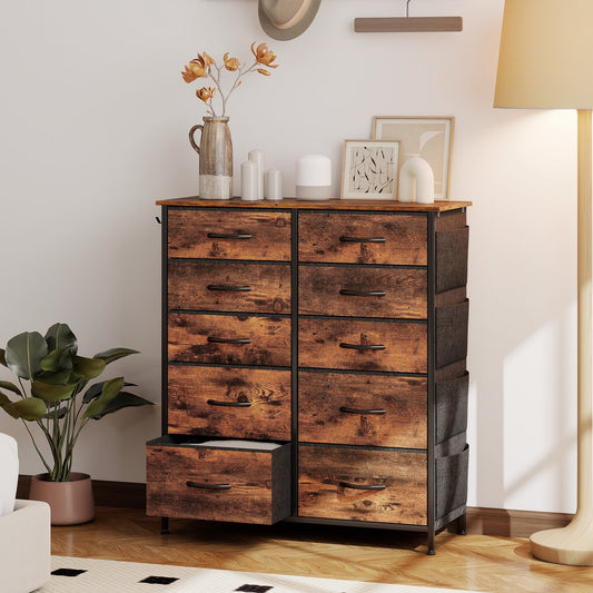 HOMCOM Chest of Ten Fabric Drawers - Rustic Brown