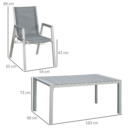 Outsunny 7 Pieces Garden Dining Set, Outdoor Table and 6 Armchairs, Aluminium Frame, Slatted Wood Grain Plastic Top Table, Breathable Mesh Fabric Seats and Backrest, Light Grey