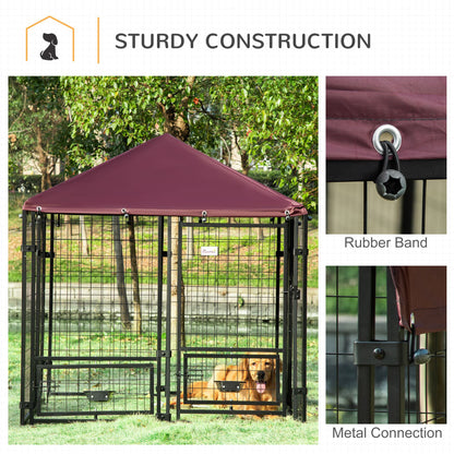 PawHut Outdoor Dog Kennel with Rotating Bowl Holders, Water and UV-Resistant Cover for Medium & Small Dogs, Red
