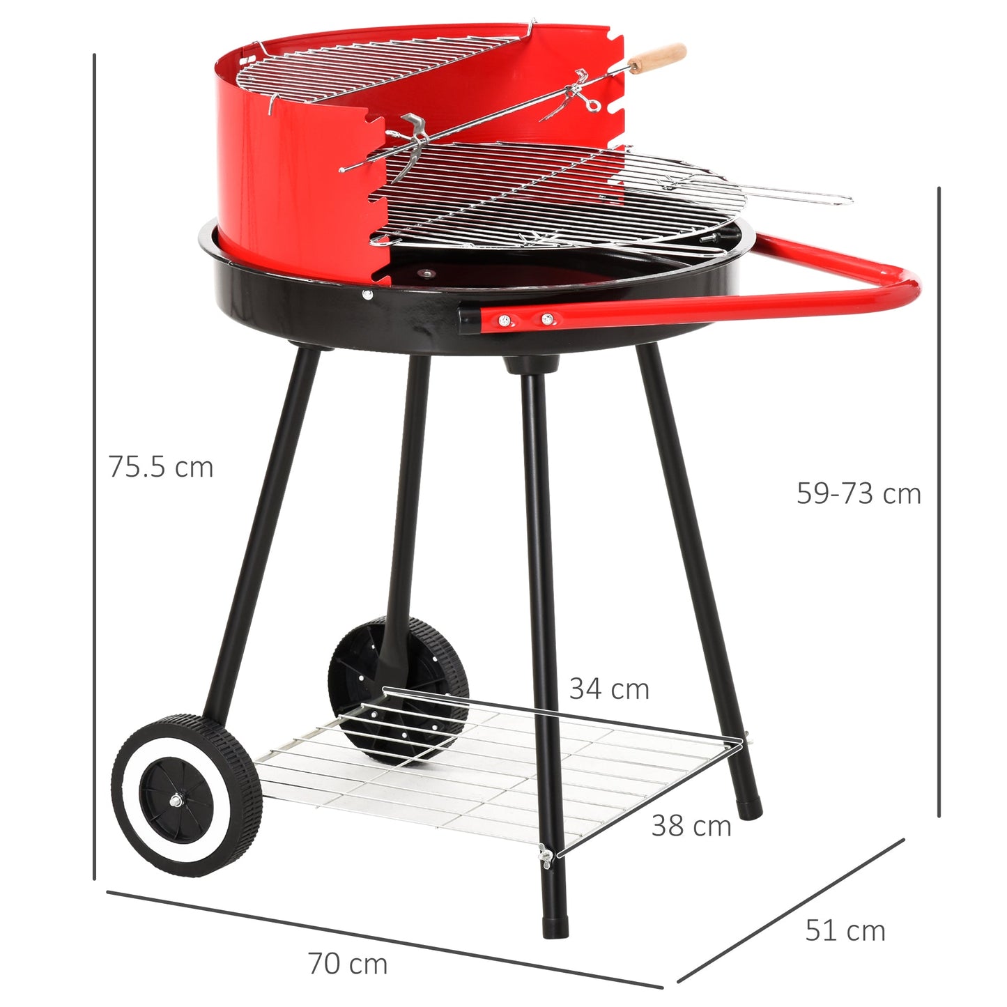 Outsunny Charcoal Outdoor Barbecue Grill, 2 Wheels, size (75.5H x 50L x 82W cm)-Red/Black