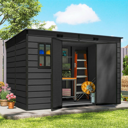 Outsunny 10 x 6 ft Resin Garden Shed, Outdoor Storage Shed with Floor, Windows, Lockable Doors and Vents, Dark Grey