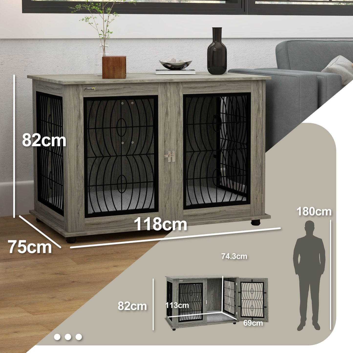 PawHut Indoor Dog Crate Furniture End Table with Soft Washable Cushion, Lockable Front Door, for Extra Large Dogs - Grey