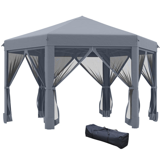 Outsunny 3.2m Pop Up Gazebo Hexagonal Canopy Tent Outdoor Sun Protection with Mesh Sidewalls, Handy Bag, Grey