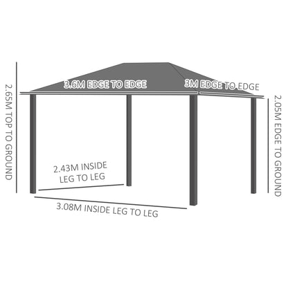 Outsunny 3 x 3.6m Hardtop Gazebo Canopy with Polycarbonate Roof, Aluminium Frame, Permanent Pavilion Garden Gazebo with Netting and Curtains for Patio, Deck, Dark Grey