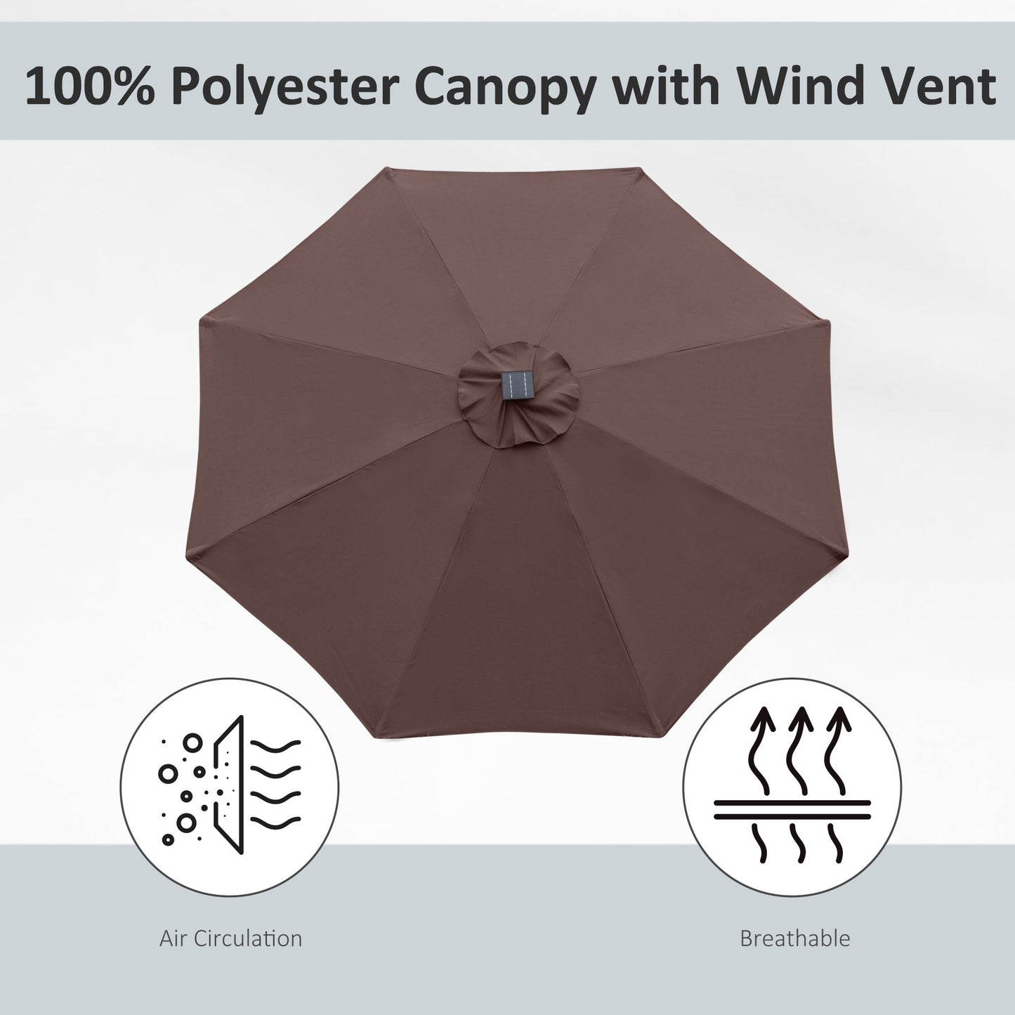 Outsunny 2.7m Garden Parasol Sun Umbrella Patio Summer Shelter w/ LED Solar Light, Angled Canopy, Vent, Crank Tilt, Coffee Brown