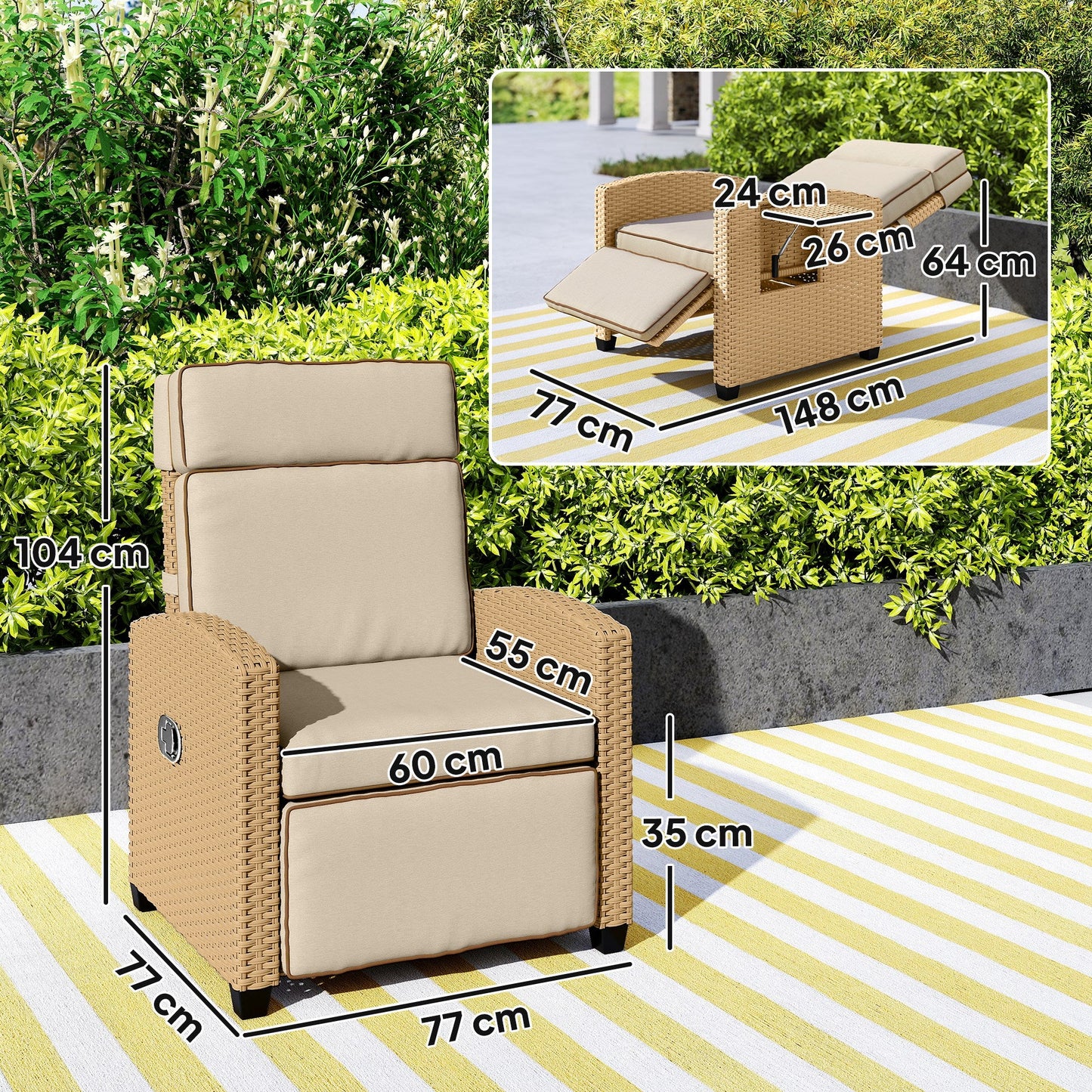 Fotel rattanowy Outsunny 145√Ç¬∞ z podnóżkiem - Khaki/Beżowy