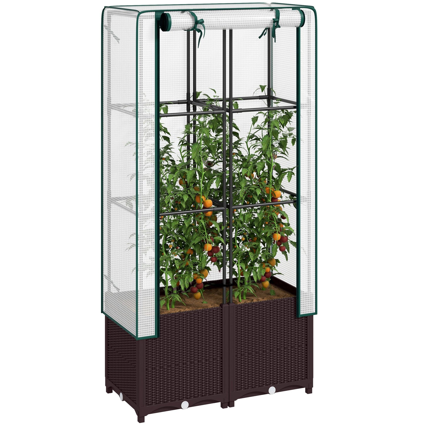 Outsunny Raised Garden Bed with Trellis, Plastic Planter Box with PE Cover, Drainage Holes and Drain Plugs for Climbing Plants, Vegetables, Flowers, 80 x 40 x 140 cm