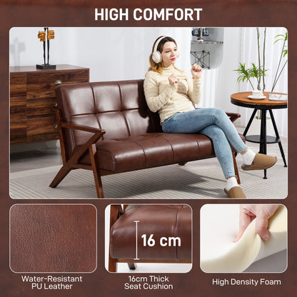 HOMCOM Compact 2 Seater Sofa, Vintage Tufted Loveseat Sofa with Solid Wood Legs, PU Leather Small Couch Settee for Living Room, Bedroom, Home Office, 133 x 81 x 78.5 cm, Brown