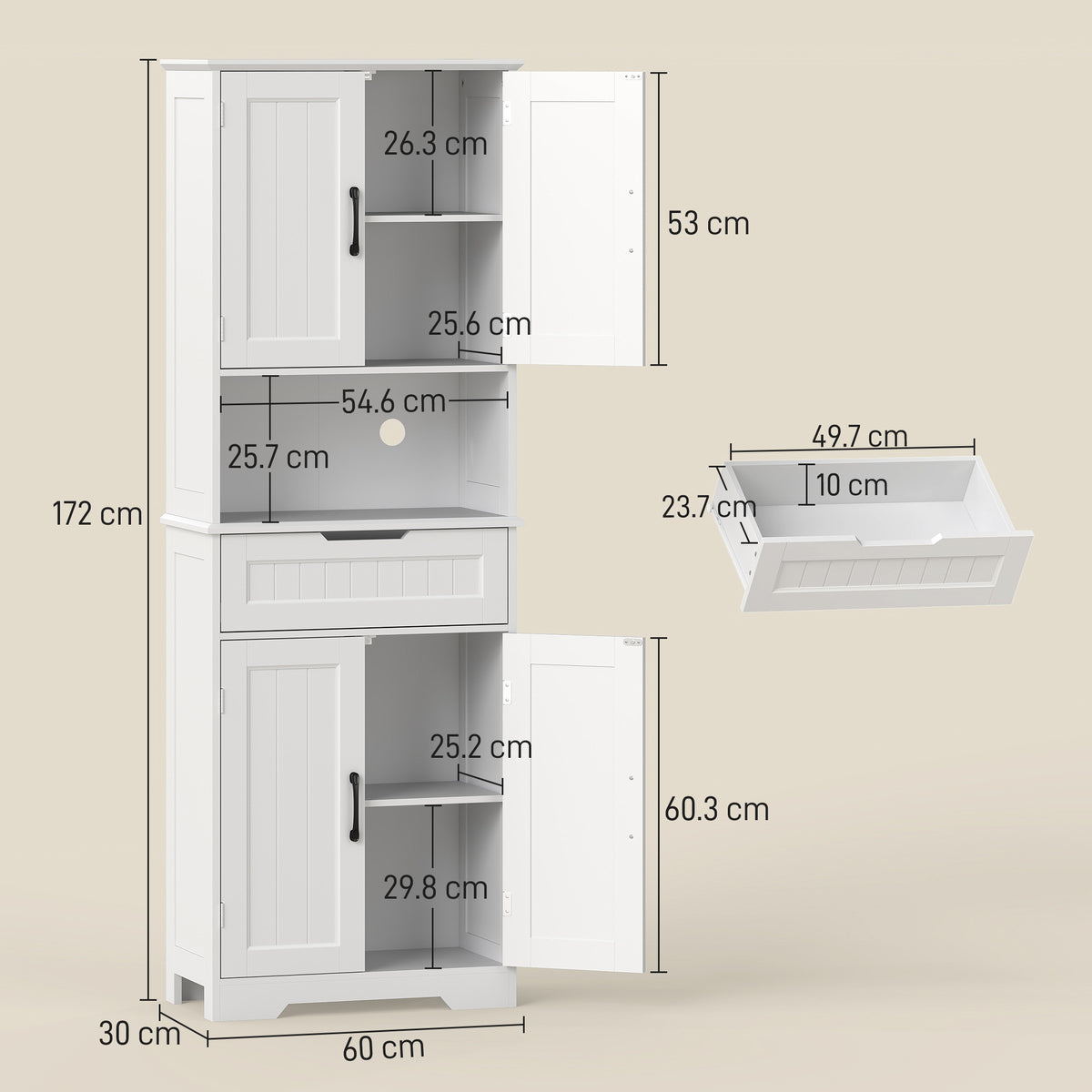 HOMCOM 172 cm Tall Kitchen Pantry Cupboard w/ Small Open Counter, Freestanding Kitchen Cabinet w/ 2 Adjustable Shelves, White
