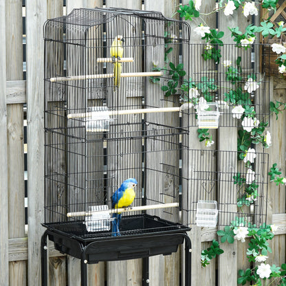 PawHut Bird Cage Budgie Cages for Finch Canary Parakeet with Stand Wheels Slide-out Tray Accessories Storage Shelf, Black 36 x 46.5 x 157 cm