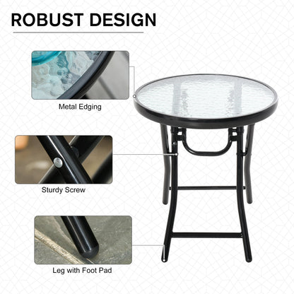 Outsunny Foldable Garden Table, Round Folding Table with Glass Tabletop and Safety Buckle for Patio, Garden, Outdoor, Indoor, Black