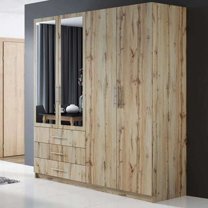 Lincolnshire Stylishy Design Mirrored Wardrobe with 3 Drawers - Oak Wotan