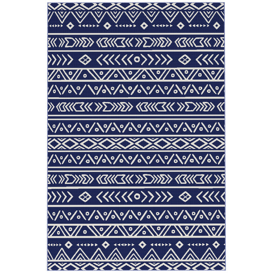 Outsunny Reversible Outdoor Rug with Carry Bag, Waterproof Plastic Straw Mat for Garden, Deck, RV, Picnic, Beach, Camping, 182 x 274cm, Dark Blue and White