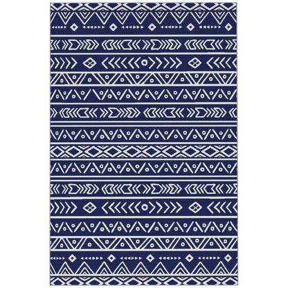 Outsunny Reversible Outdoor Rug z torbą transportową, wodoodporna plastikowa mata słomiana do ogrodu, na taras, do kampera, na piknik, na plażę, na kemping, 182 x 274 cm, granatowo-biały
