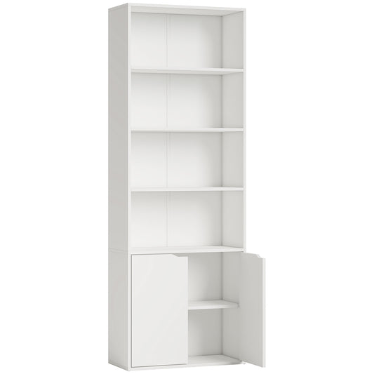HOMCOM 6-Tier Tall Bookcase, Bookshelf with 4 Open Shelves and Double Door Storage Cabinet, Freestanding Display Rack for Living Room, Bedroom, Home Office, Study, 59 x 29 x 180cm, White