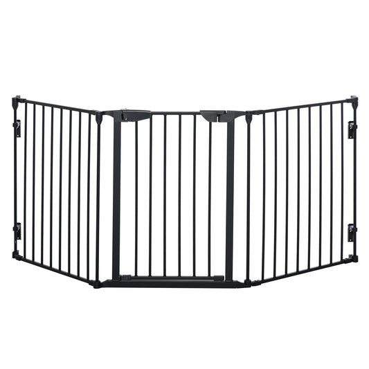 PawHut Pet Gate 3-Panel Playpen Metal Safety Fence Stair Gate For Dogs Barrier Room Divider with Walk Through Door Automatically Close Lock