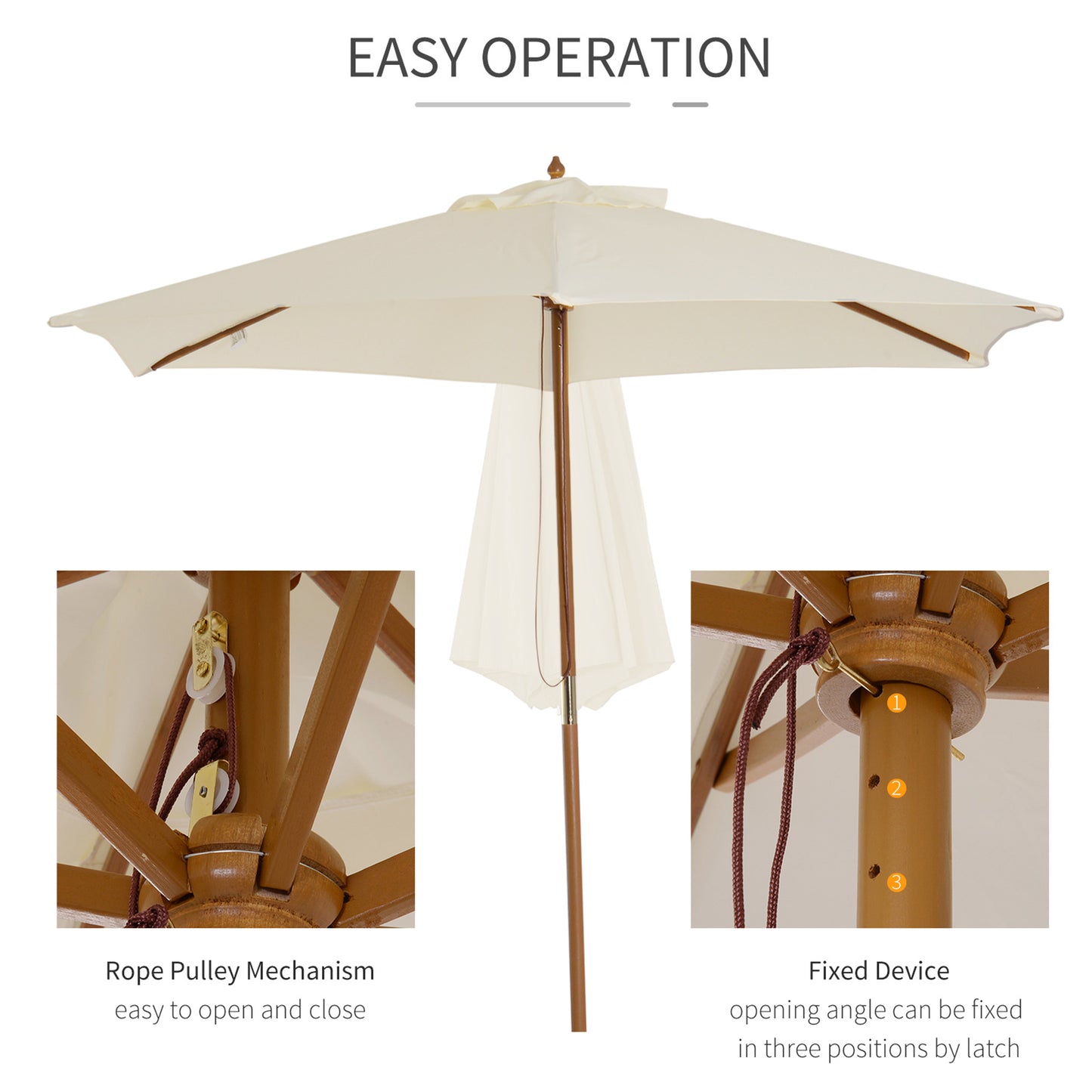 Outsunny 2,5 m Drewniany Parasol Ogrodowy Patio Zewnętrzny Drewniany Baldachim Parasola, Stołowy Parasol Rynkowy z Otworami, Słup 38 mm, Mechanizm Linowy, Kremowo-Biały