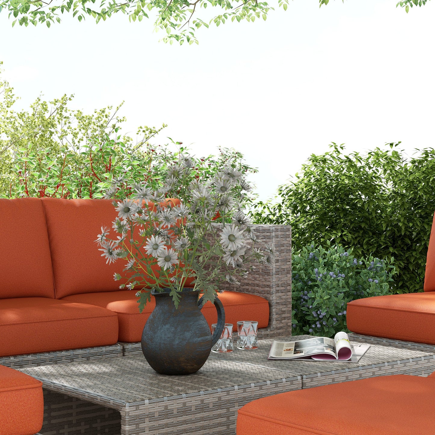 Outsunny Eight-Piece Rattan Garden Set, with Contrast Cushions - Orange/Grey