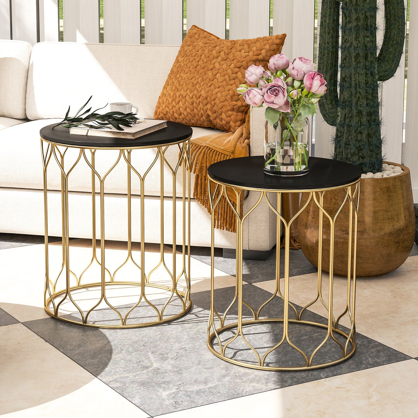 Outsunny Round Coffee Table Set of 2, Modern Nesting Tables with Ceramic Tile Top, Small End Tables, Indoor Outdoor Side Table with Metal Frame for Living Room, Bedroom, Patio, Balcony, Black