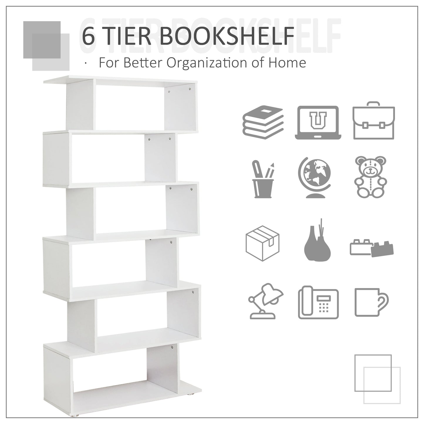 S Shape Wooden 6-tier Bookshelf Open Concept Bookcase Storage Display Unit for Home Office Living Room, White