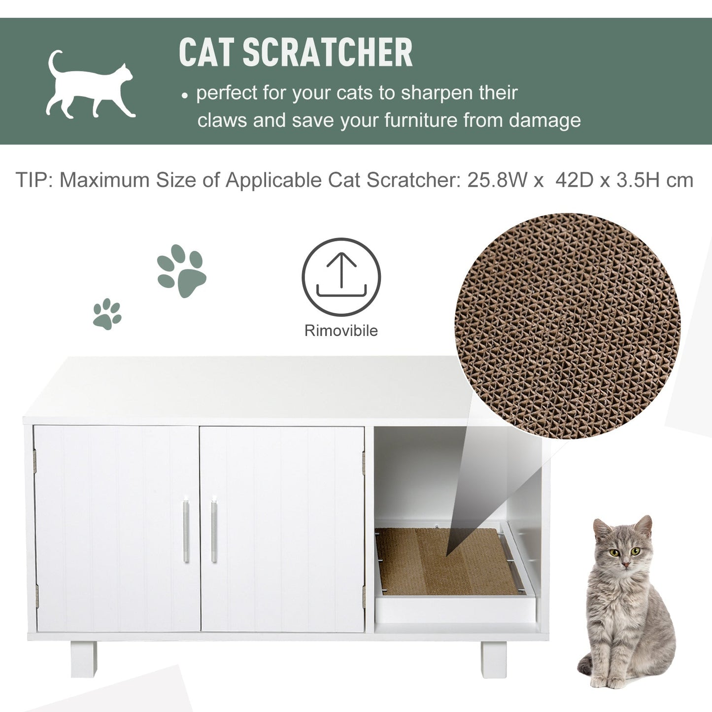 PawHut Wooden Cat Litter Box Enclosure & House with Nightstand/End Table Design, Scratcher, & Magnetic Doors, White