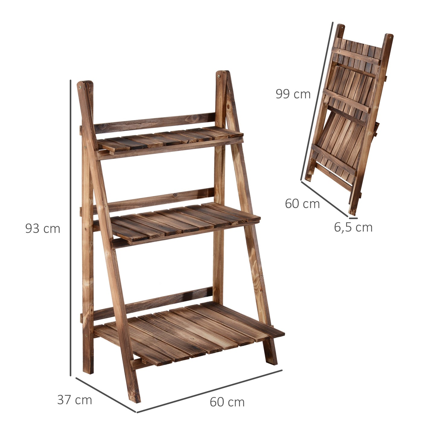 Outsunny Wooden Folding Flower Pot Stand 3 Tier Garden Planter Display Ladder Gardener Storage Shelves Rack Herb Holder (60L x 37W x 93H (cm))