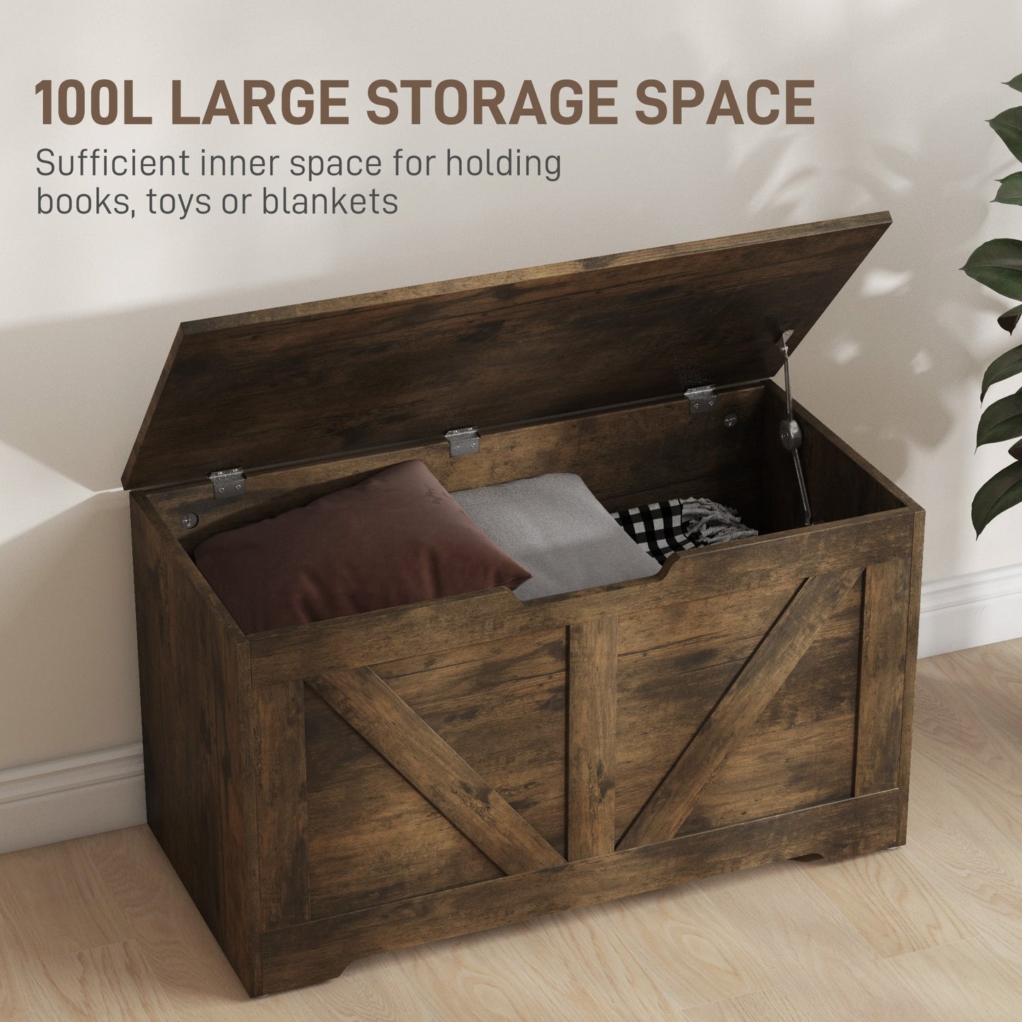 HOMCOM 100L Home Storage Box, with Safety Hinges - Rustic Brown