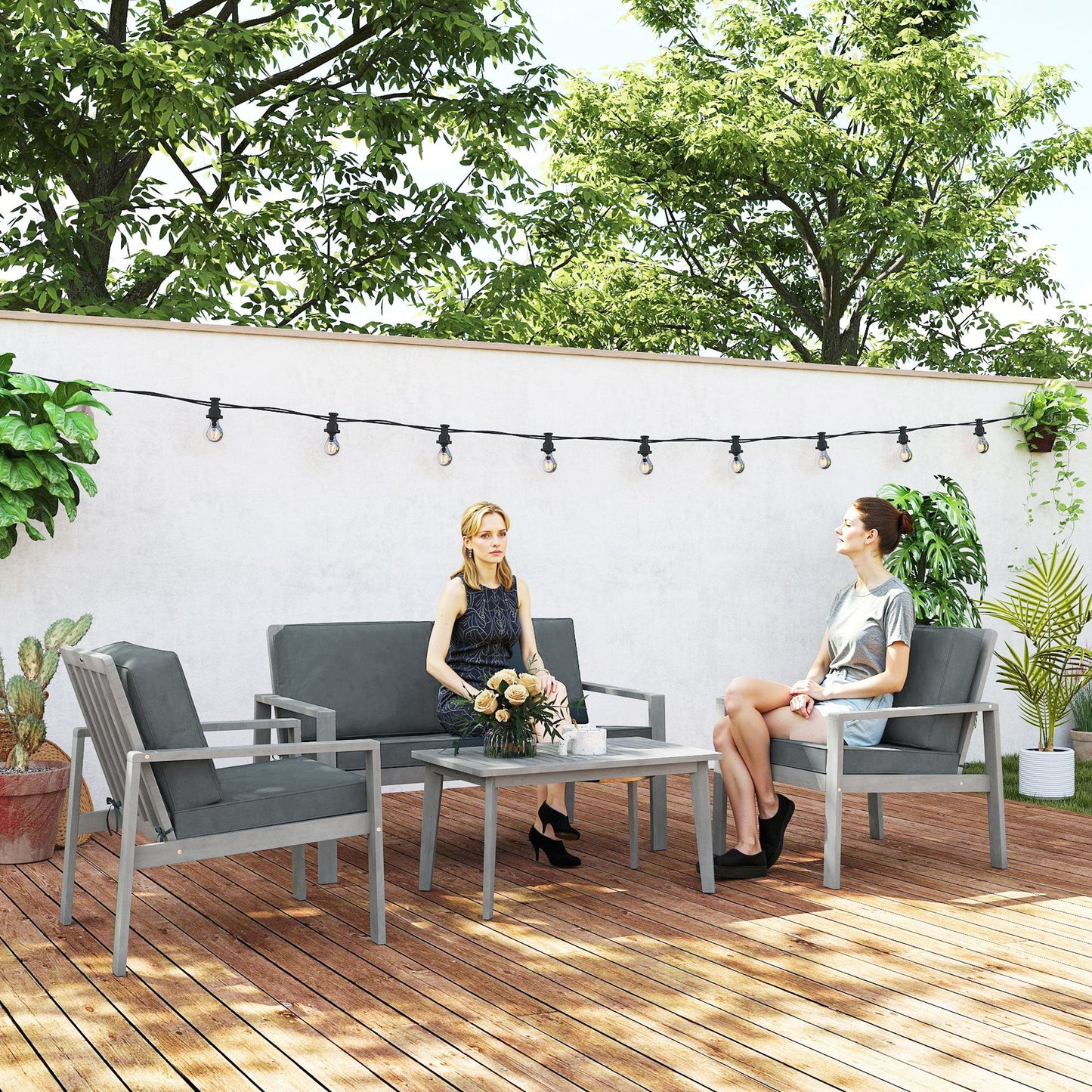 Outsunny 4-Piece Wooden Garden Furniture Set with Cushions - Light Grey