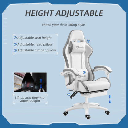 Vinsetto Computer Gaming Chair, PU Leather Desk Chair with Footrest, Swivel Task Chair with 135¡ Reclining Back and Lumbar Support, PC Chair for Adults, White and Grey