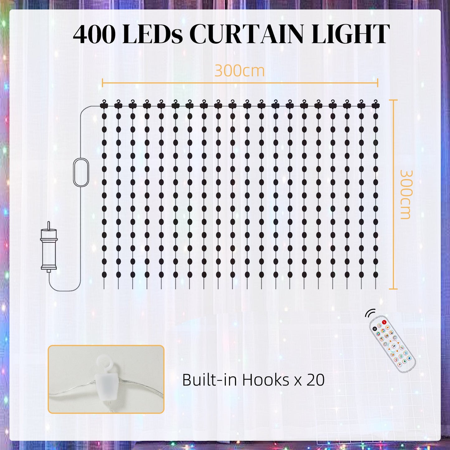 Lampki LED HOMCOM do zasłon, inteligentne lampki choinkowe do zasłon, zmieniające kolor kinkiety z pilotem i aplikacją, dynamiczne, wiszące lampki okienne DIY do sypialni i salonu, 3 x 3 m, dioda LED 400 RGBIC