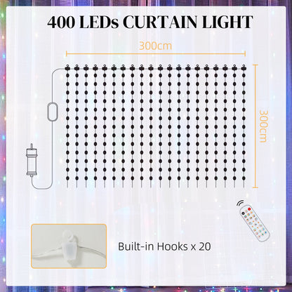 Lampki LED HOMCOM do zasłon, inteligentne lampki choinkowe do zasłon, zmieniające kolor kinkiety z pilotem i aplikacją, dynamiczne, wiszące lampki okienne DIY do sypialni i salonu, 3 x 3 m, dioda LED 400 RGBIC