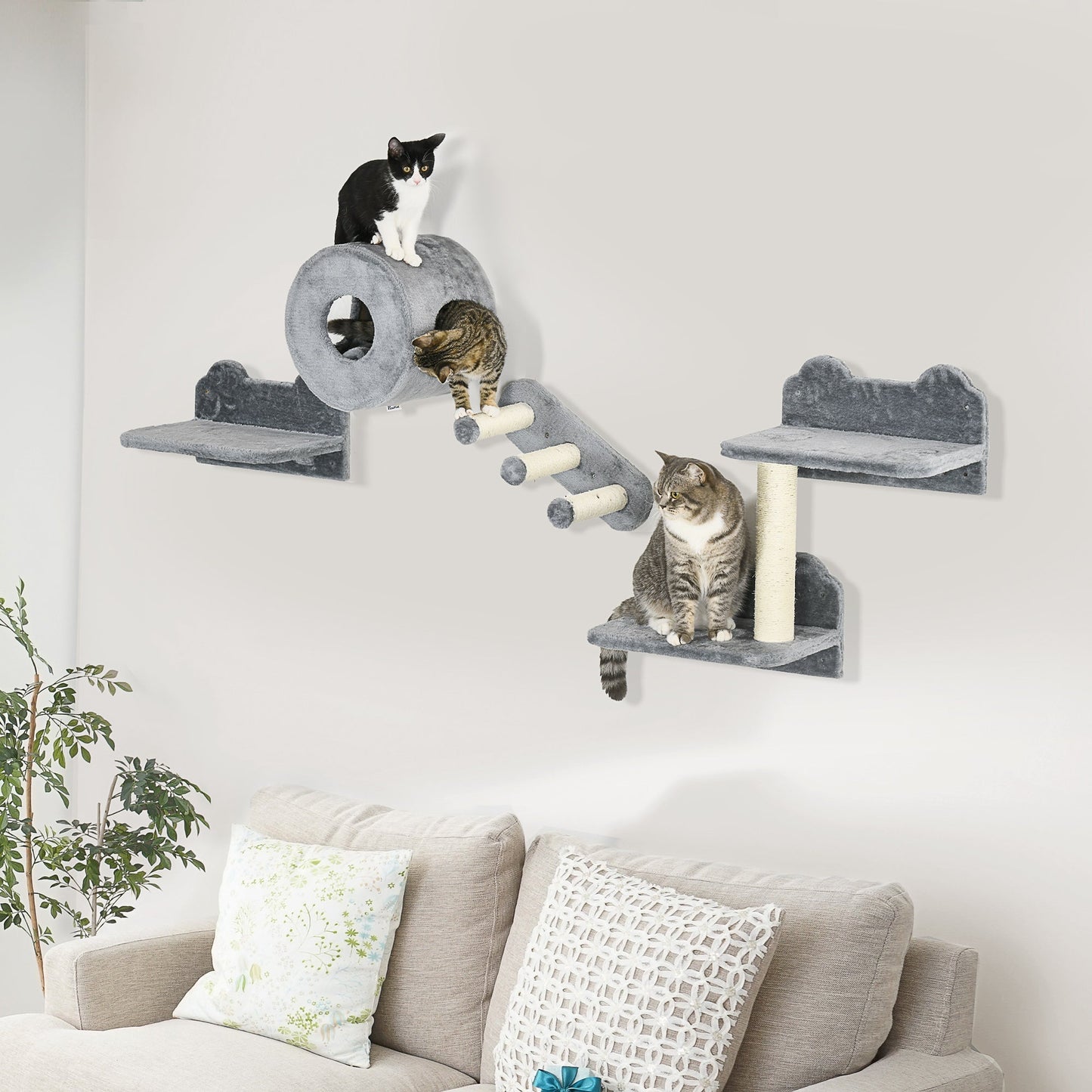 PawHut Four-Piece Wall-Mounted Cat Tree, with Steps, Perch, Cat House - Grey