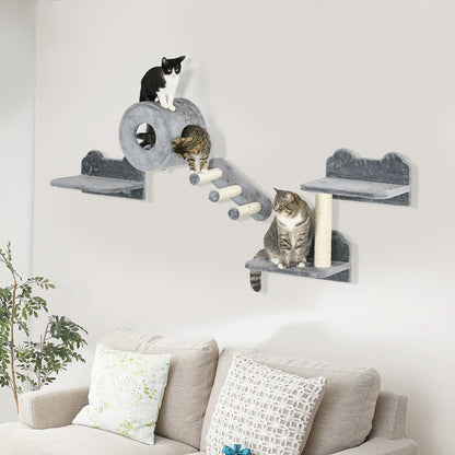 PawHut Four-Piece Wall-Mounted Cat Tree, with Steps, Perch, Cat House - Grey