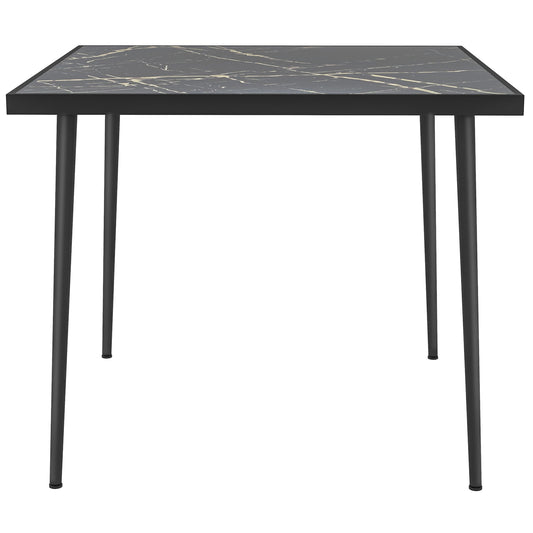 Outsunny Square Garden Table, Outdoor Dining Table for 4 with Marble Effect Tempered Glass Top and Steel Frame for Patio, Black