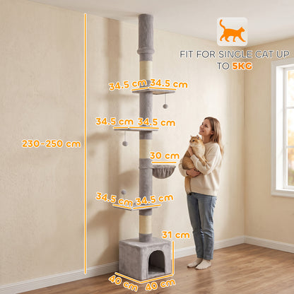 PawHut Floor to Ceiling Cat Tree, 230-250cm Multi-Level Cat Tower with Adjustable Height, Scratching Posts, Condo, Platforms