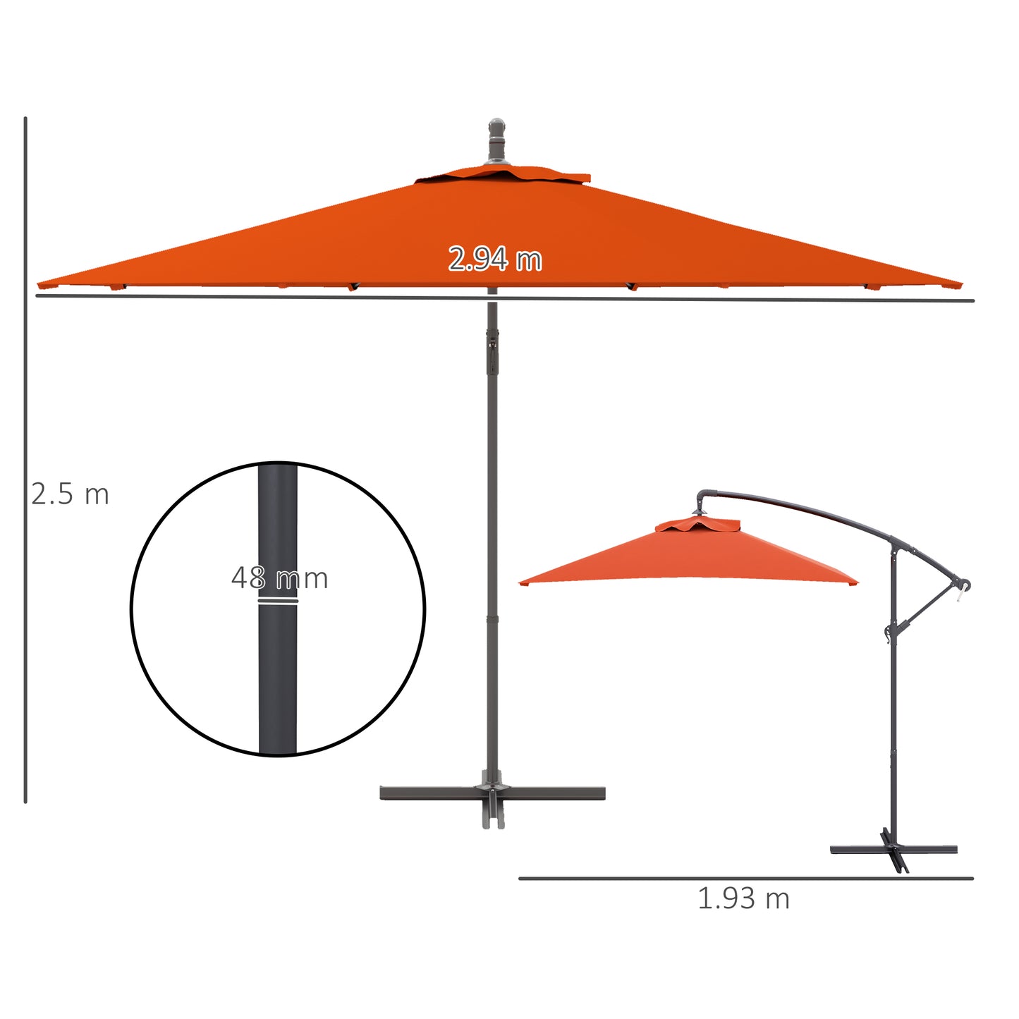 Outsunny 3(m) Parasol wysięgnikowy z podstawą poprzeczną - pomarańczowy