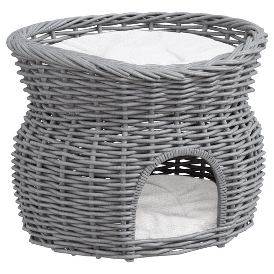 PawHut 2-Tier Wicker Cat House مرتفعة سرير الحيوانات الأليفة سلة الصفصاف هريرة برج الحيوانات الأليفة دن. مع وسائد قابلة للغسل مقاس 56x37x40 سم باللون الرمادي