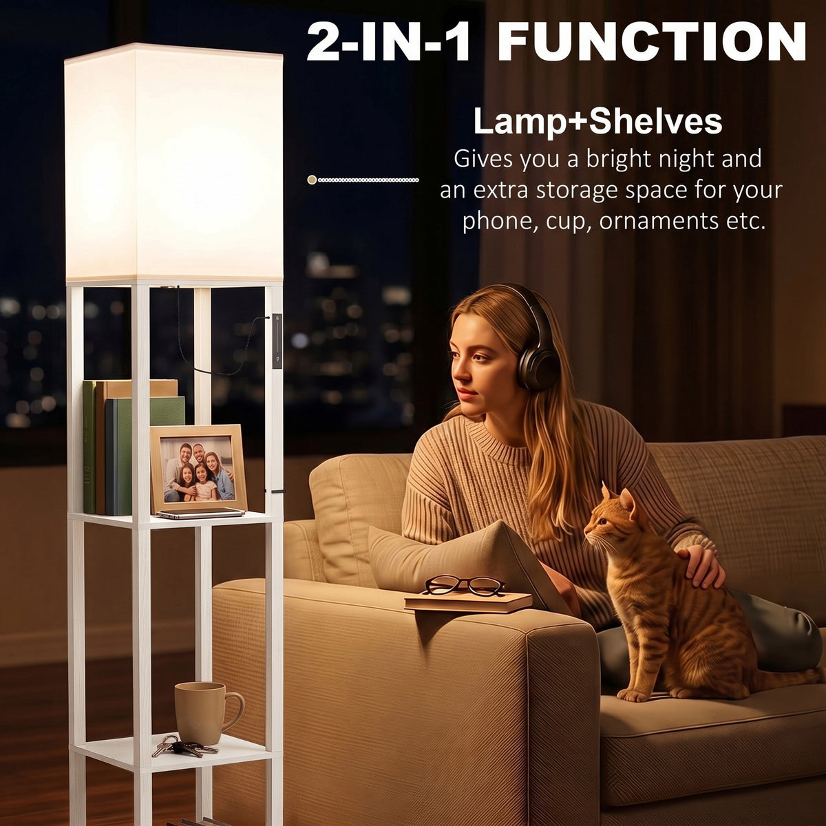 HOMCOM Floor Lamp with Shelves, Modern Dimmable Standing Lamp with Fabric Lampshade, Adjustable Colour Temperature, White