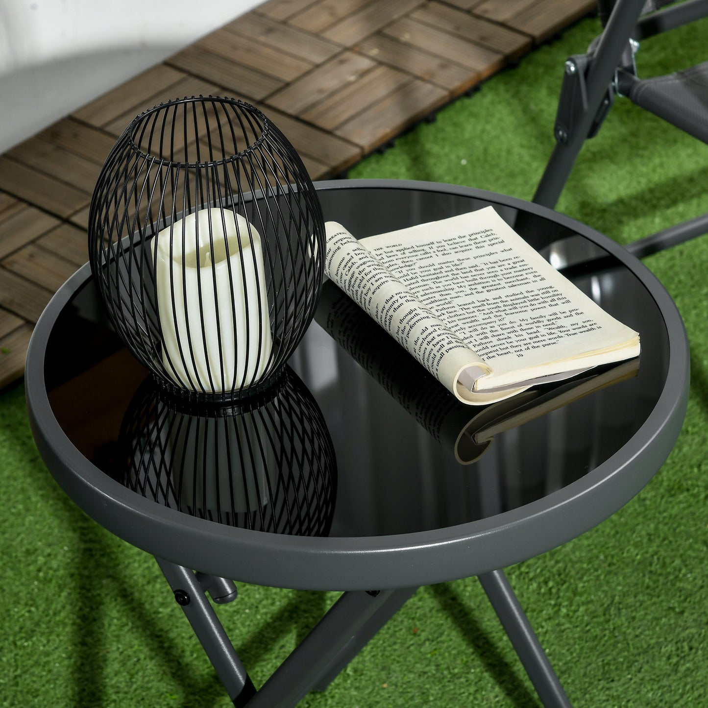 Outsunny â45cm Garden Side Table, Outdoor Round Folding Patio Table with Imitation Marble Glass Top, Small Coffee Table, Black